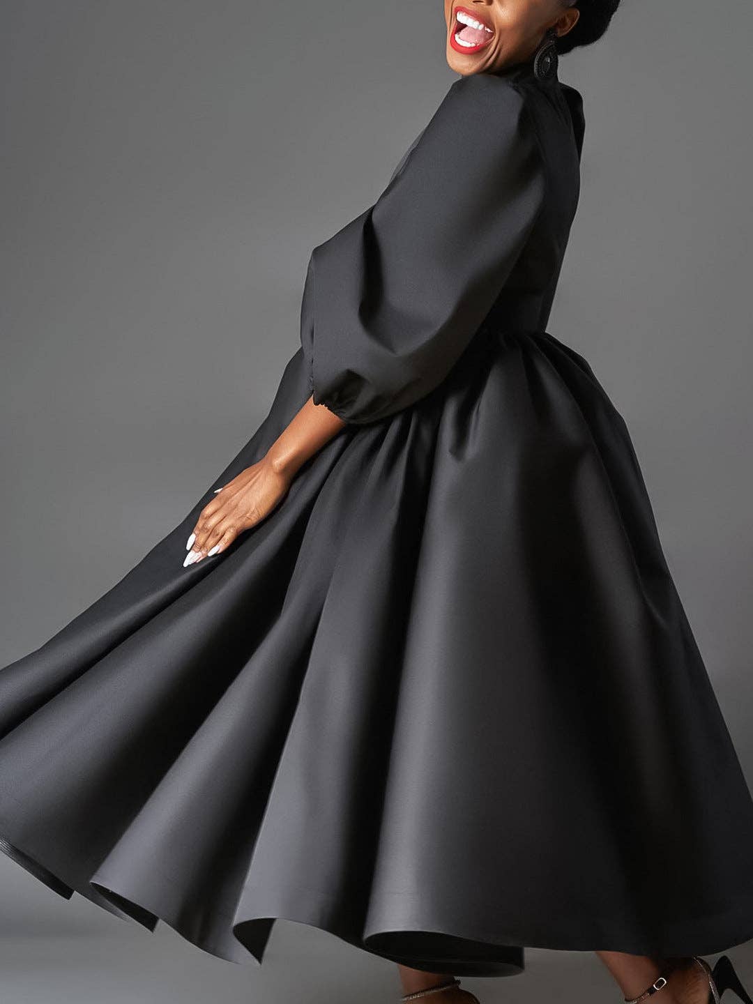 Plus Size Elegant Solid Color Puff Sleeve Midi Dress