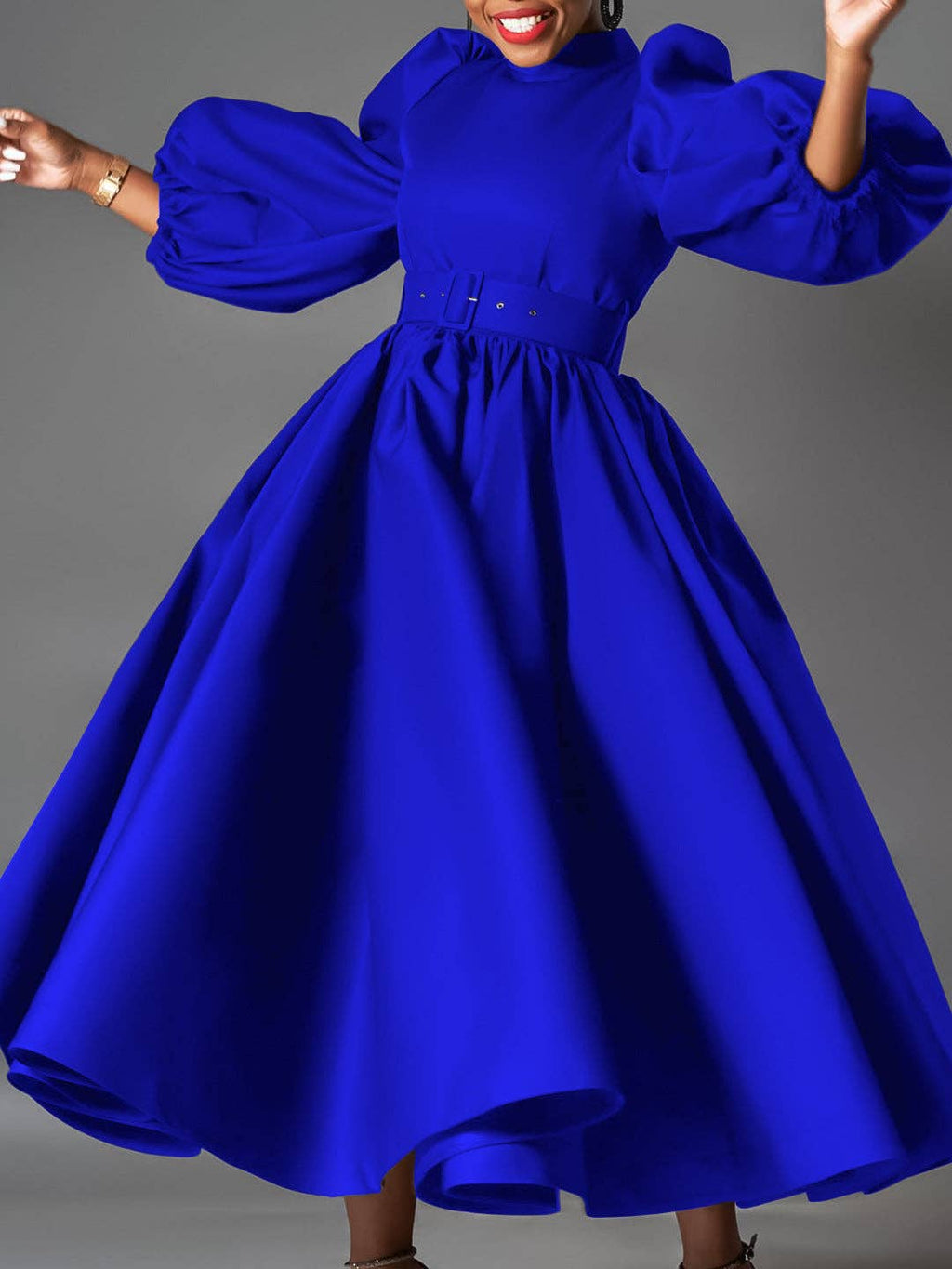 Plus Size Elegant Solid Color Puff Sleeve Midi Dress