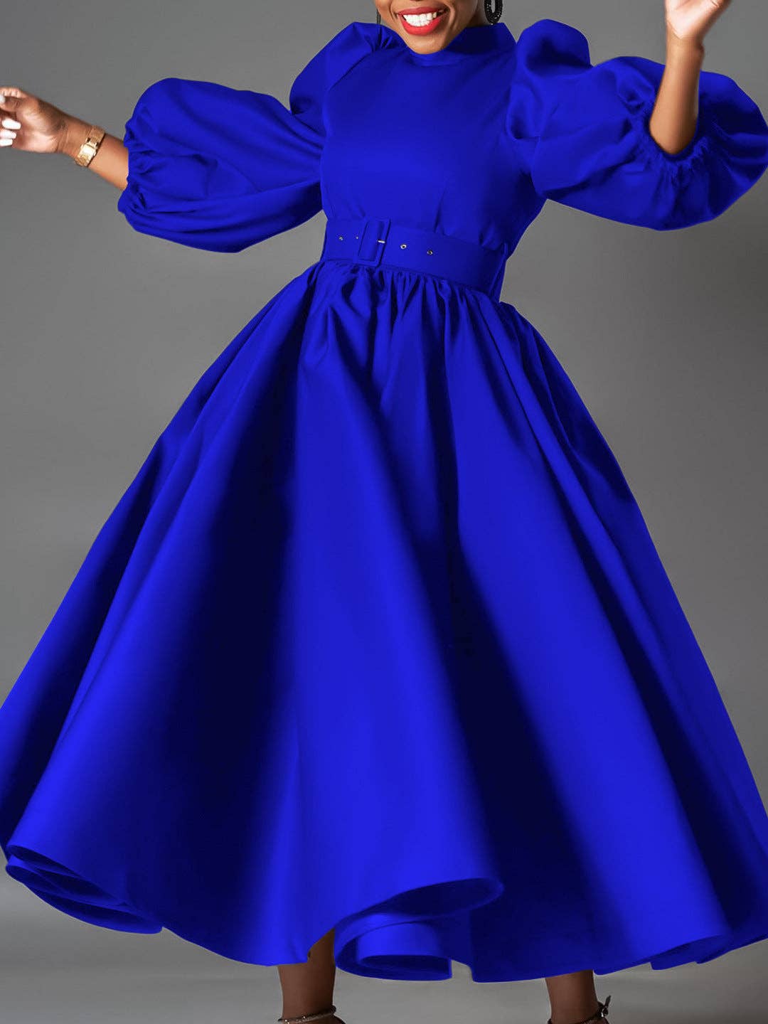 Plus Size Elegant Solid Color Puff Sleeve Midi Dress