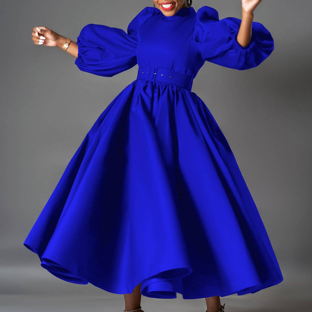 Plus Size Elegant Solid Color Puff Sleeve Midi Dress