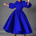 Plus Size Elegant Solid Color Puff Sleeve Midi Dress