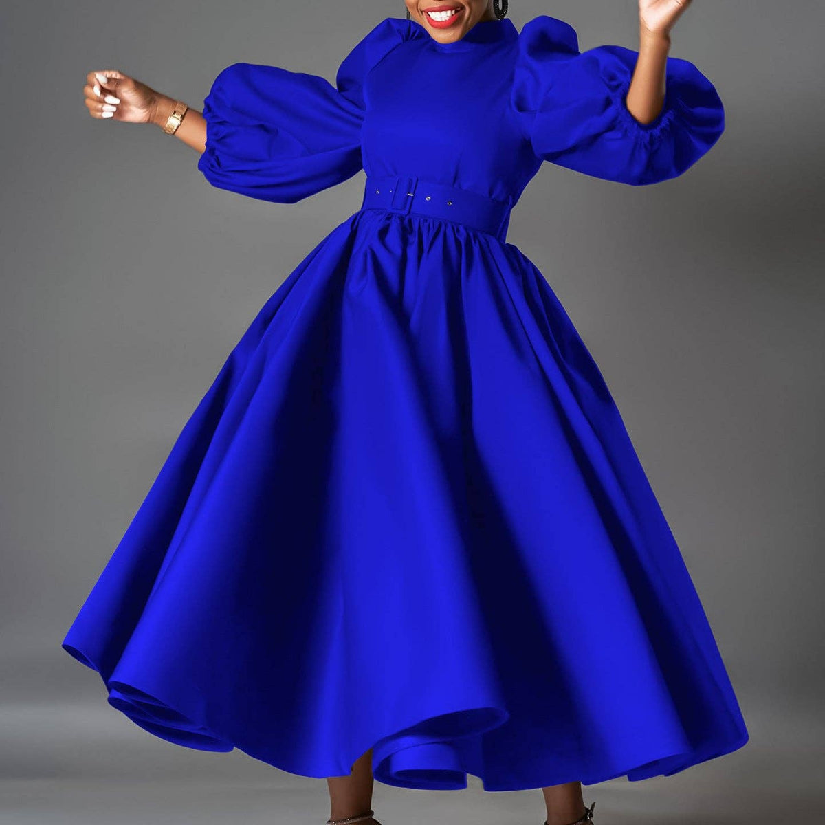 Plus Size Elegant Solid Color Puff Sleeve Midi Dress
