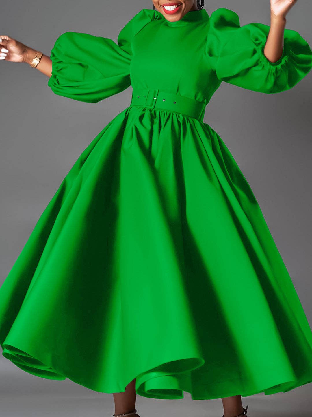 Plus Size Elegant Solid Color Puff Sleeve Midi Dress