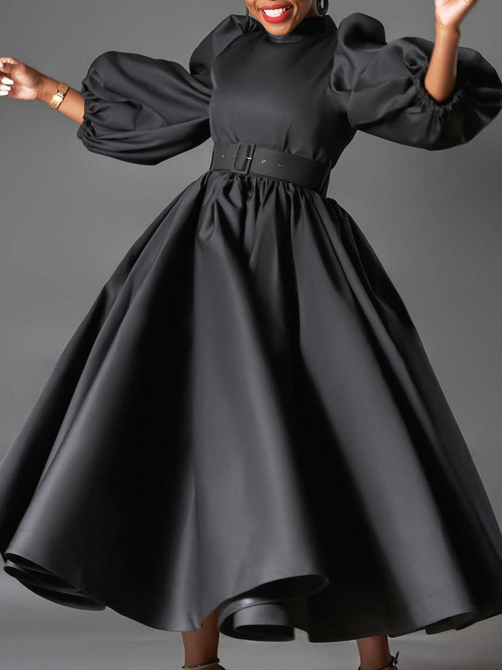 Plus Size Elegant Solid Color Puff Sleeve Midi Dress