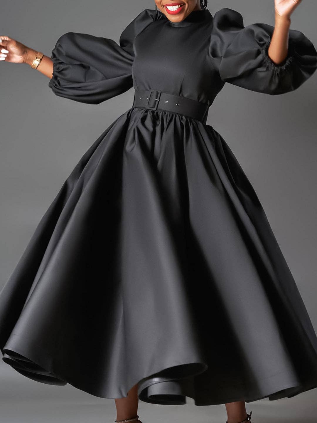 Plus Size Elegant Solid Color Puff Sleeve Midi Dress