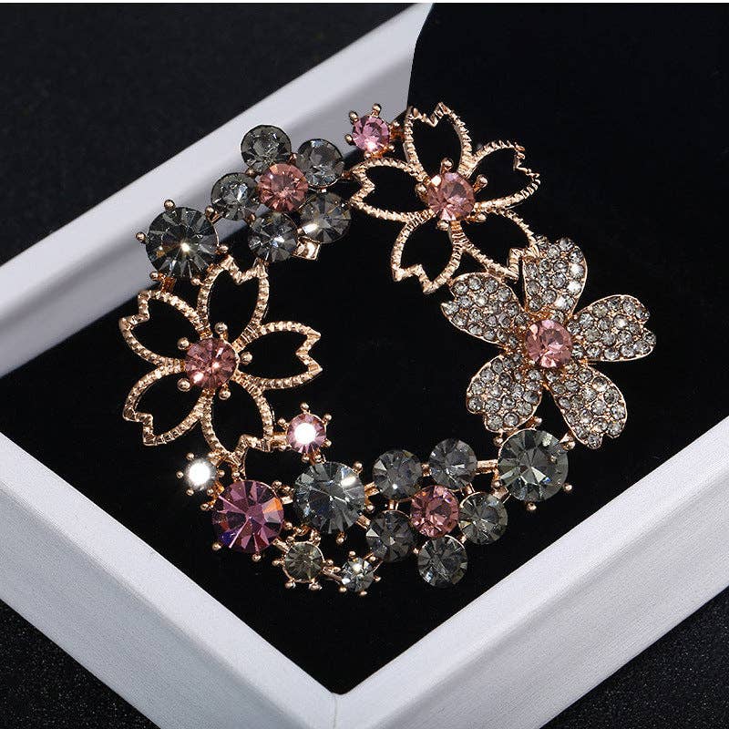 Floral Brooch Pin with Rhinestones for Women - Elegant Rose Gold Design