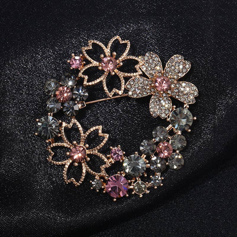 Floral Brooch Pin with Rhinestones for Women - Elegant Rose Gold Design