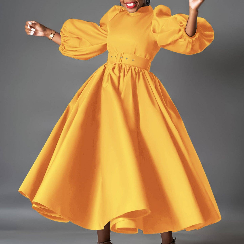 Plus Size Elegant Solid Color Puff Sleeve Midi Dress