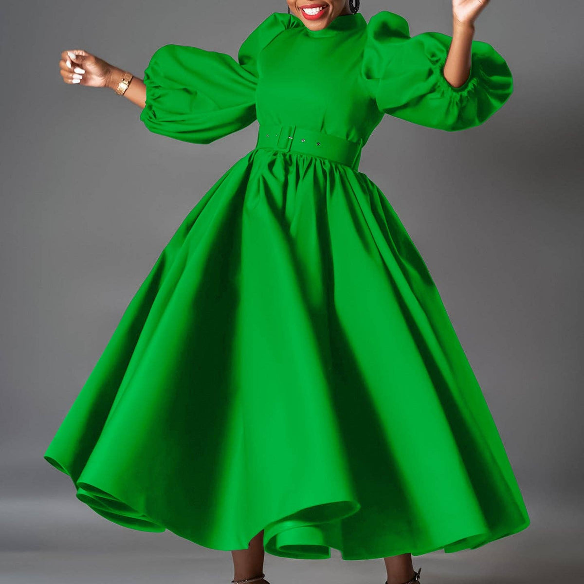 Plus Size Elegant Solid Color Puff Sleeve Midi Dress