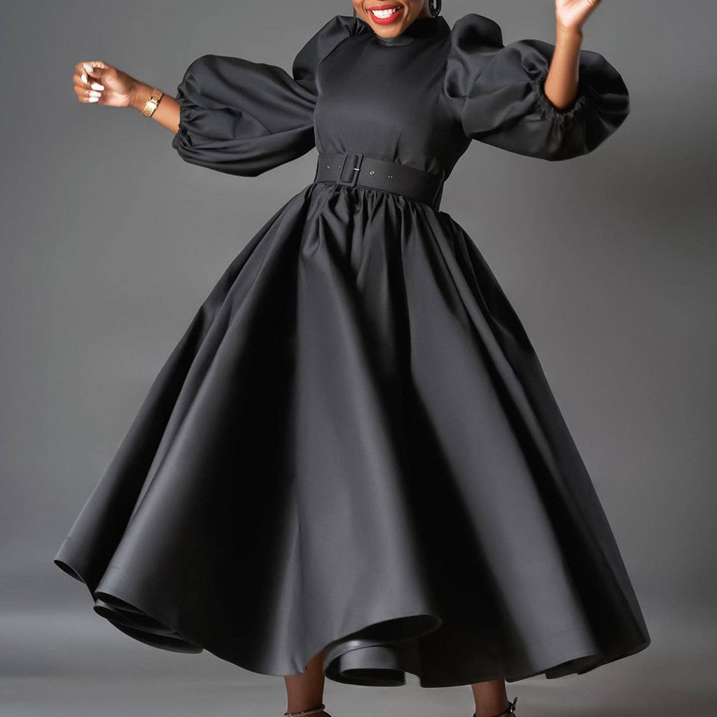 Plus Size Elegant Solid Color Puff Sleeve Midi Dress