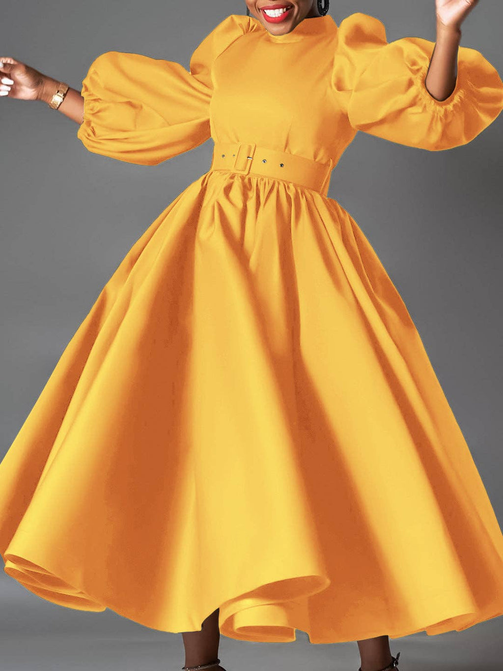 Plus Size Elegant Solid Color Puff Sleeve Midi Dress