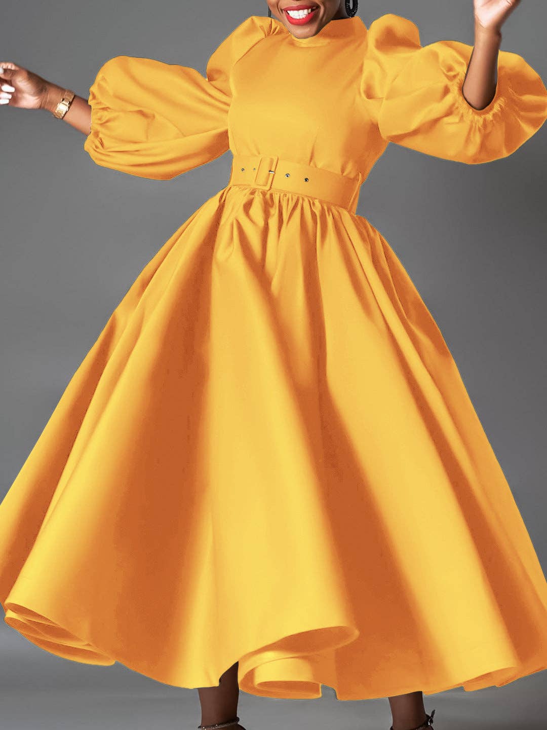 Plus Size Elegant Solid Color Puff Sleeve Midi Dress
